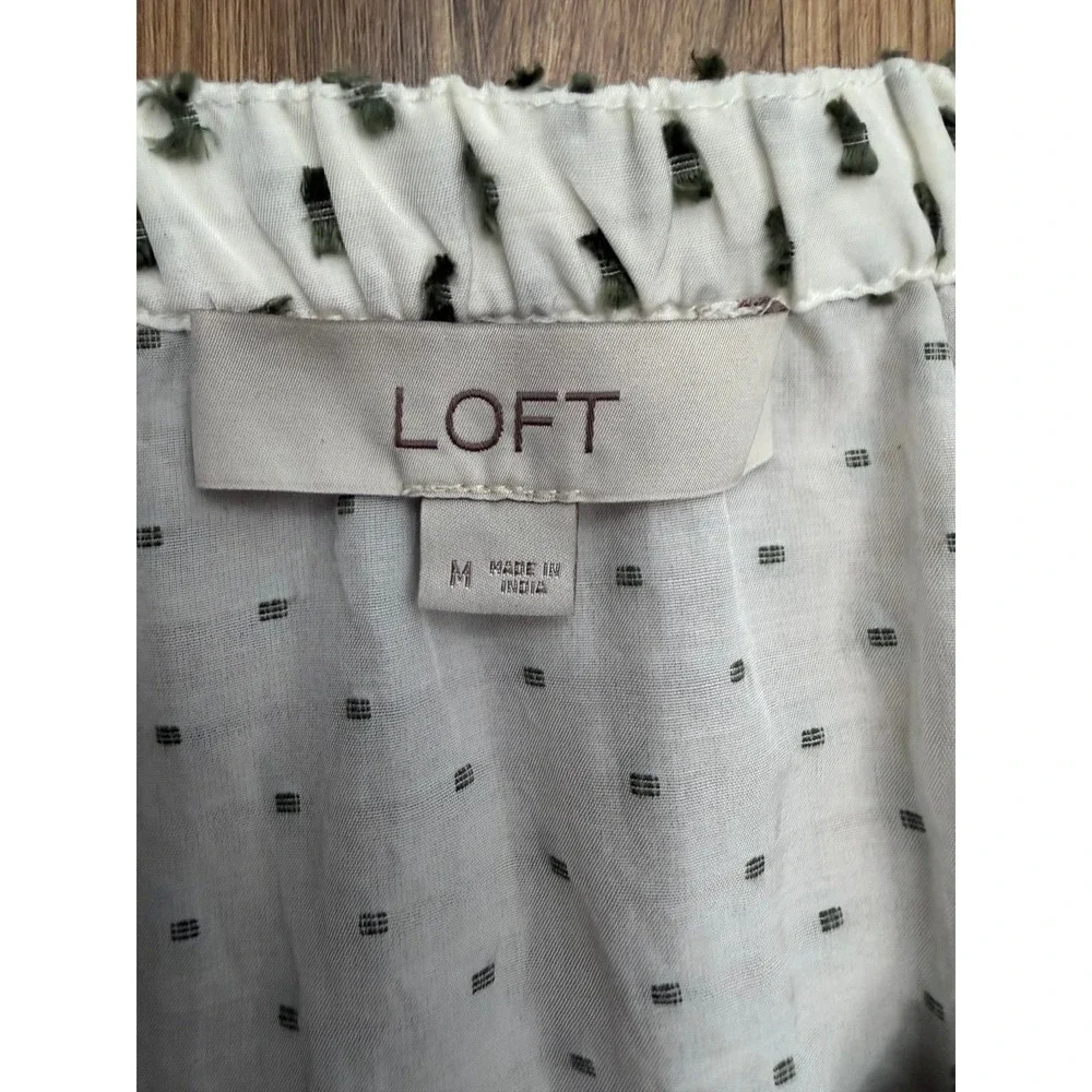 LOFT White Swiss Dot Puff Sleeve Peasant Blouse Medium Boho Cottagecore Top